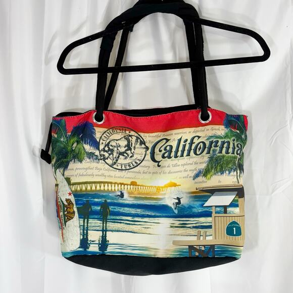 California Beach Tote Bag Surfing, Sunset & Palm Tree Rope Handles Coastal Bag - Picture 2 of 4